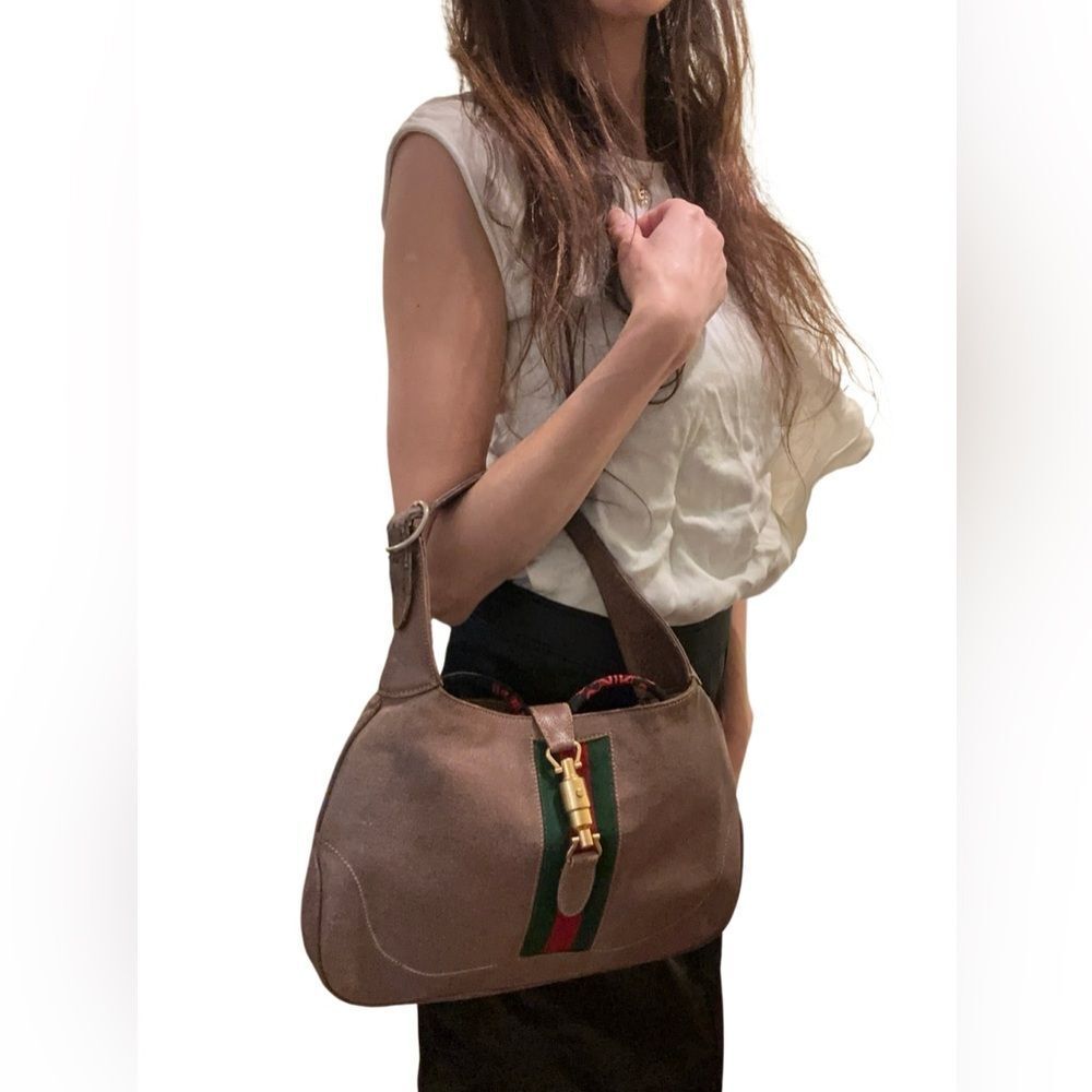 Gucci Jackie Tan Suede Hobo Bag with Green and Red Stripe piston lock - Picture 14 of 16